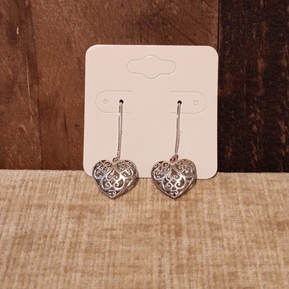 925 Silver French Wire Heart Cutout Dangle Earrings - Picture 1 of 8